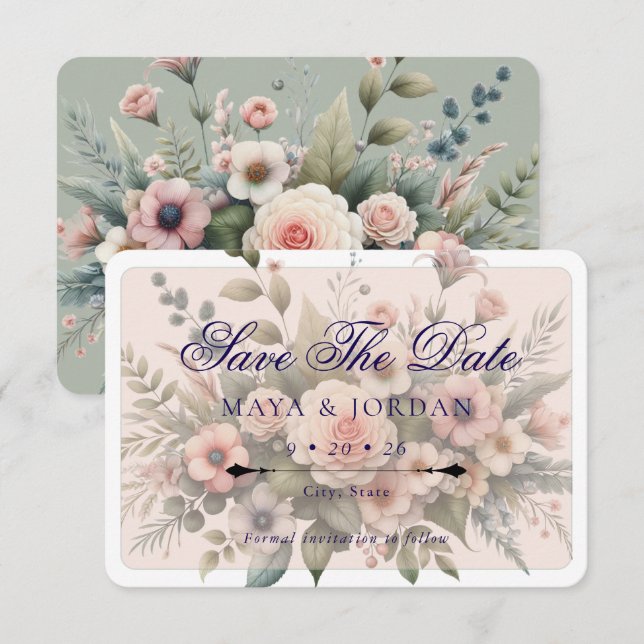 Dusty Rose Botanical Save The Date Elegant Floral Invitation (Front/Back)
