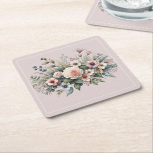 Dusty Rose Botanical Wedding Floral Watercolor Square Paper Coaster