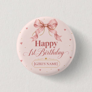Dusty Rose Bow First Birthday Design 3 Cm Round Badge