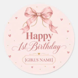 Dusty Rose Bow First Birthday Design Classic Round Sticker