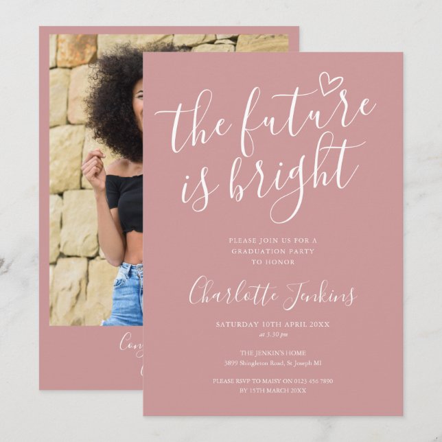 Dusty Rose Bright Future Photo Graduation Party Invitation (Front/Back)
