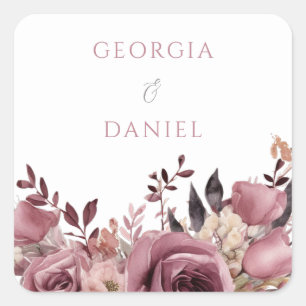 Dusty Rose & Burgundy Boho Floral Wedding Square Sticker