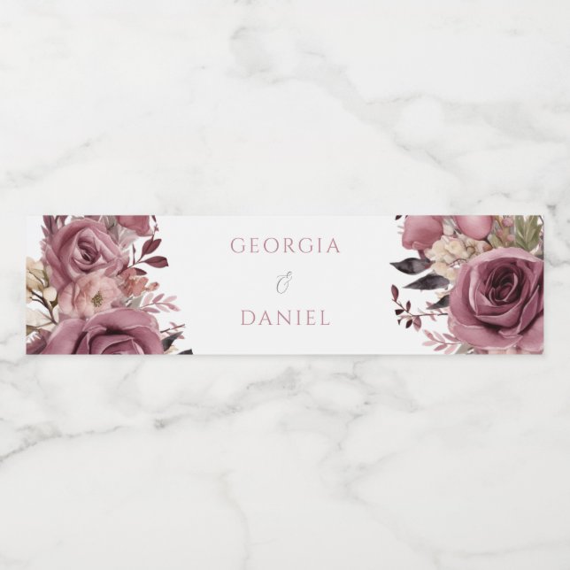 Dusty Rose & Burgundy Boho Floral Wedding Water Bottle Label (Single Label)