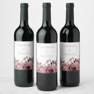Dusty Rose & Burgundy Boho Floral Wedding Wine Label