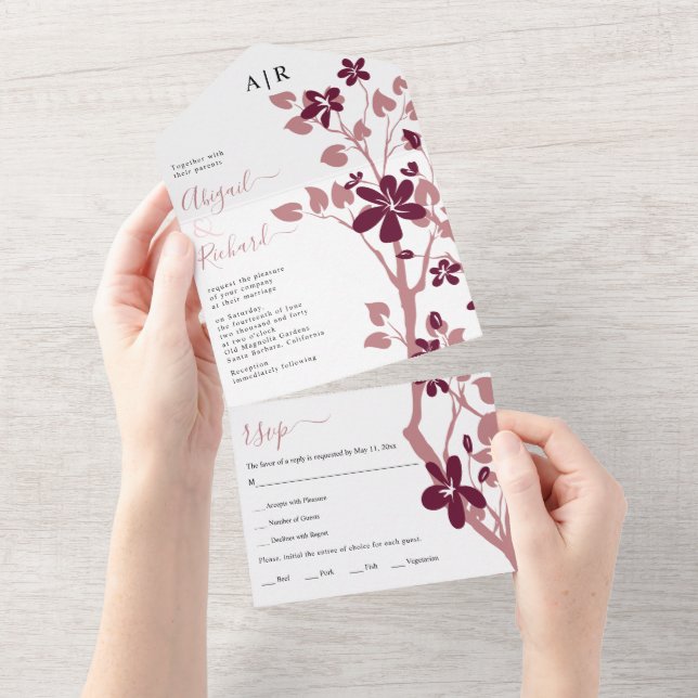 Dusty rose, burgundy branch with flowers wedding all in one invitation (Tearaway)