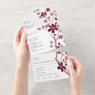 Dusty rose, burgundy branch with flowers wedding all in one invitation