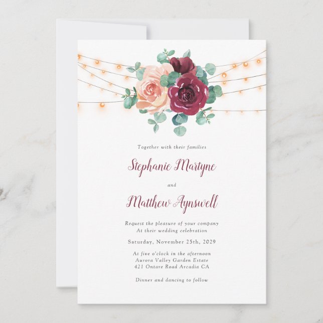Dusty Rose Burgundy Eucalyptus Lights Wedding Invitation (Front)