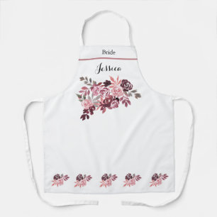 Dusty Rose Burgundy Floral Apron For Bride