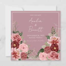 Dusty Rose Burgundy Floral Garden Square Save the Date