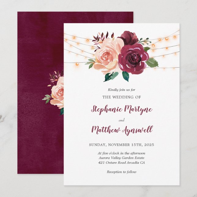 Dusty Rose Burgundy Floral String Lights Wedding Invitation (Front/Back)