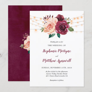 Dusty Rose Burgundy Floral String Lights Wedding Invitation