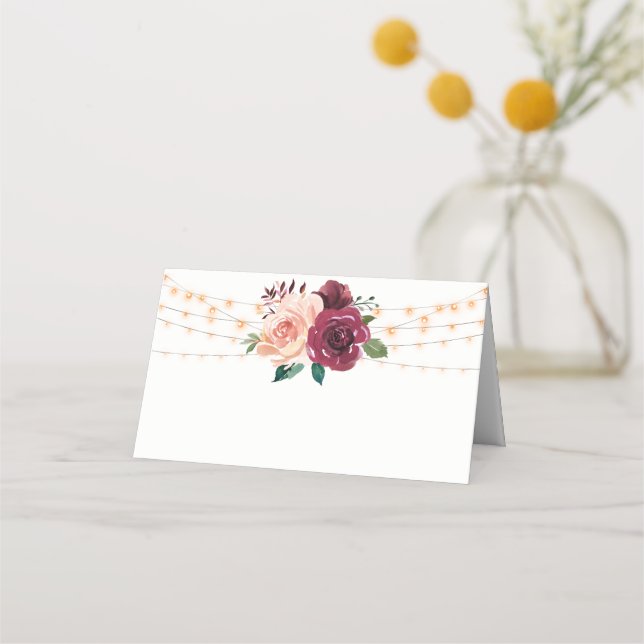 Dusty Rose Burgundy Floral String Lights Wedding Place Card (Front)