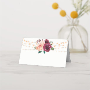 Dusty Rose Burgundy Floral String Lights Wedding Place Card