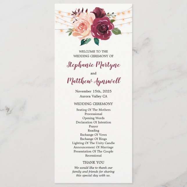 Dusty Rose Burgundy Floral String Lights Wedding Programme (Front)