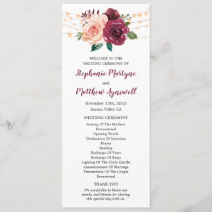 Dusty Rose Burgundy Floral String Lights Wedding Programme
