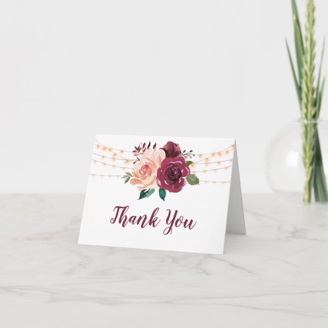 Dusty Rose Burgundy Floral String Lights Wedding Thank You Card (Front)