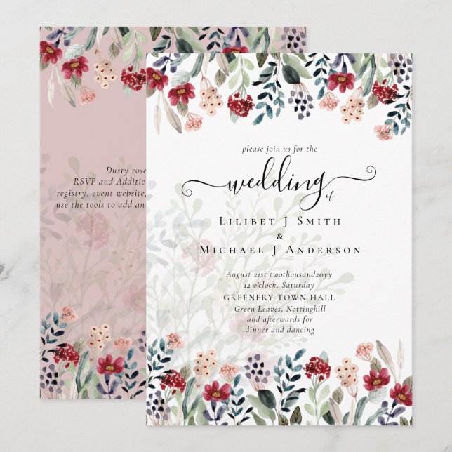 Dusty Rose Burgundy Floral Wedding Invitation (Front/Back)