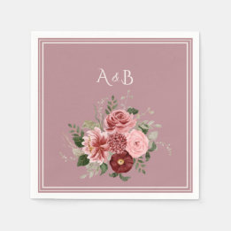 Dusty Rose Burgundy Floral Wedding Monogram Paper Napkin