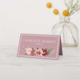Dusty Rose Burgundy Floral Wedding Place Card