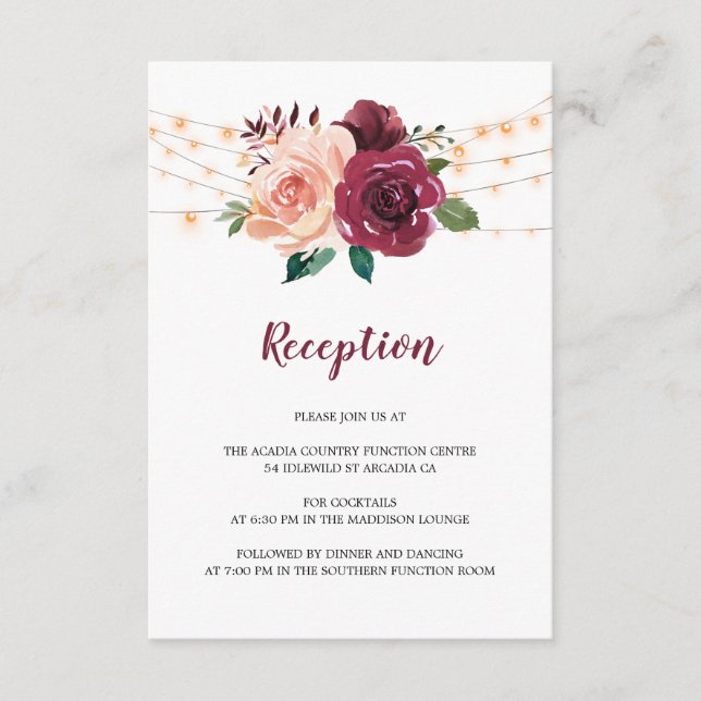Dusty Rose Burgundy Floral Wedding Reception Enclosure Card (Front)