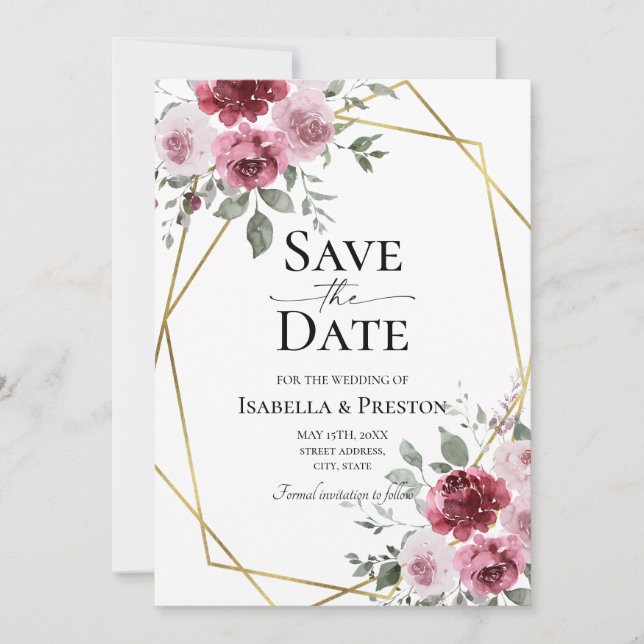 Dusty Rose Burgundy Floral Wedding Save The Date Invitation (Front)