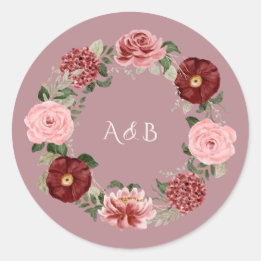 Dusty Rose Burgundy Floral Wreath Wedding Monogram Classic Round Sticker