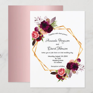 Dusty rose burgundy florals gold geometric wedding invitation