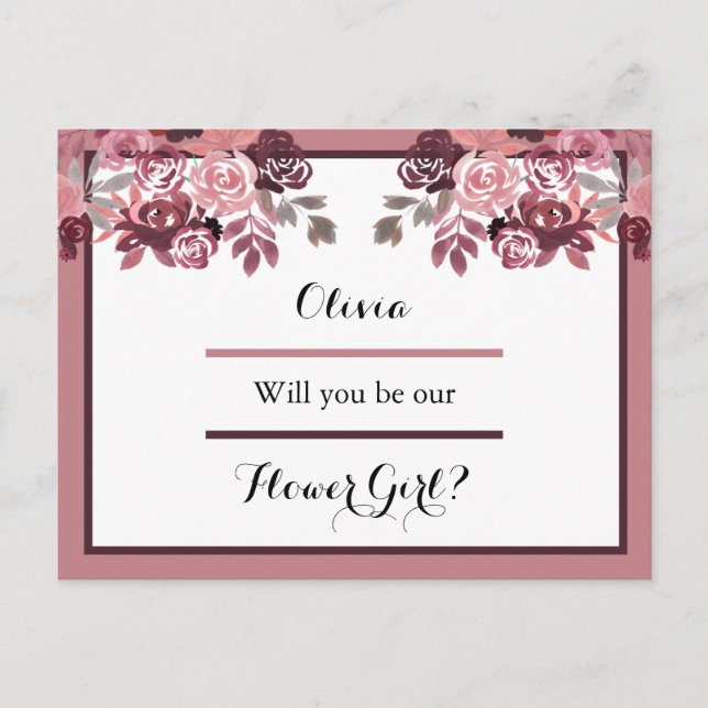 Dusty Rose Burgundy Flower Girl Request Card (Front)
