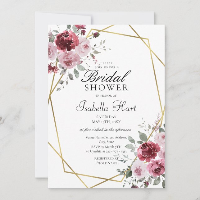 Dusty Rose Burgundy Gold Floral Bridal Shower Invitation (Front)