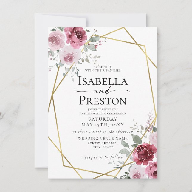 Dusty Rose Burgundy Gold Floral Wedding Invitation (Front)