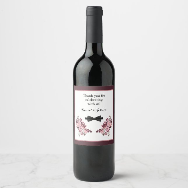 Dusty Rose Burgundy Wedding Favour Wine Label (Front)