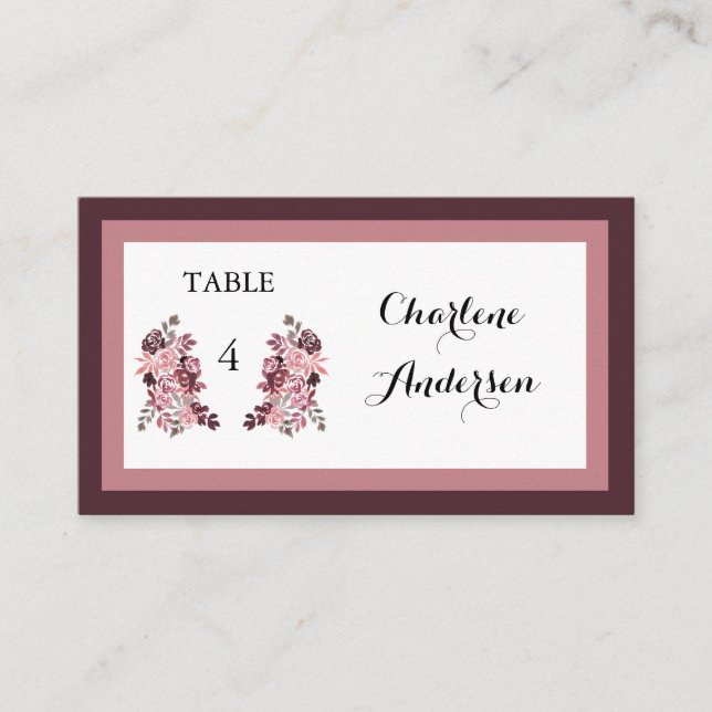 Dusty Rose Burgundy Wedding Table Place Card (Front)
