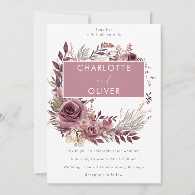 Dusty Rose & Burgundy Wreath Modern Wedding Invitation (Front)