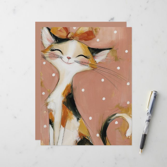 Dusty Rose Calico Orange Jet Black Whimsical Cat (Front/Back In Situ)