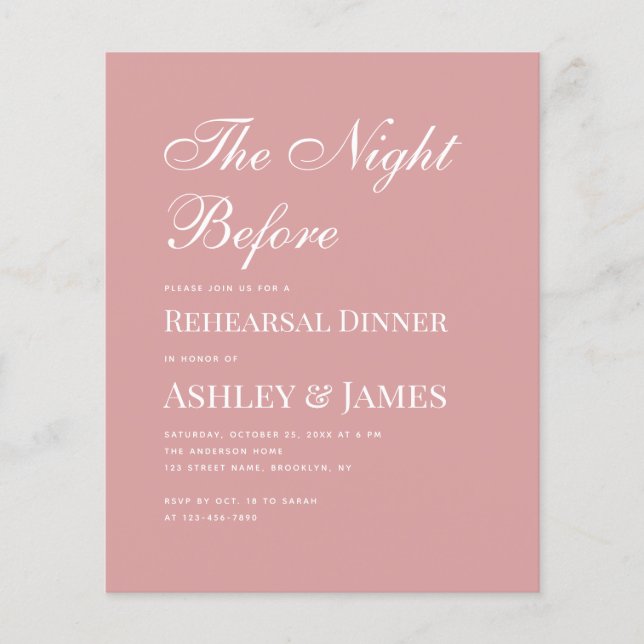 Dusty Rose Calligraphy Rehearsal Dinner Invitation (Front)