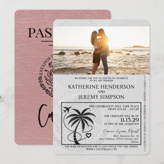 Dusty Rose Cancun Passport Wedding Invitation (Front/Back)