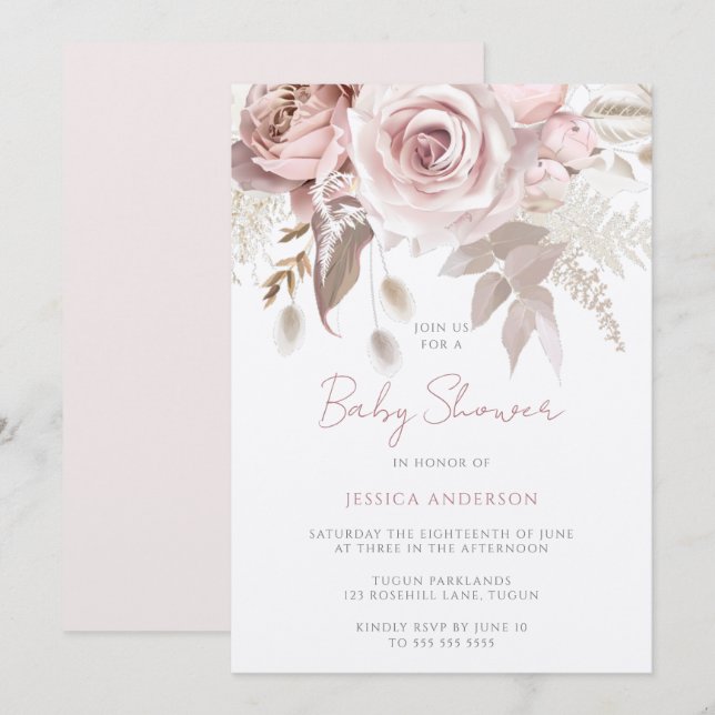 Dusty Rose Champagne Shimmer Blush Baby Shower Invitation (Front/Back)