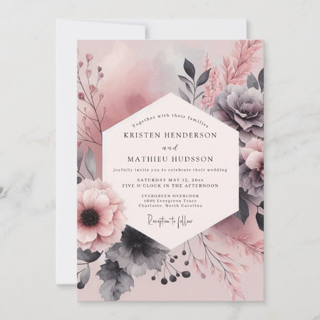 Dusty Rose Charcoal Bloom Wedding Invitation (Front)