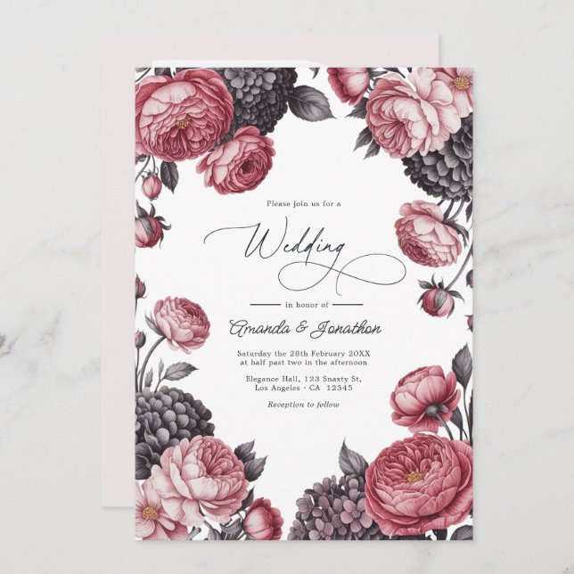 Dusty Rose & Charcoal Gray Floral Wedding Photo Invitation (Front/Back)