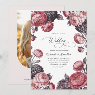 Dusty Rose & Charcoal Grey Floral Wedding Photo Invitation
