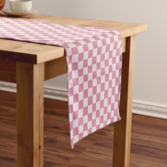Dusty rose chequerboard pattern short table runner (In Situ)