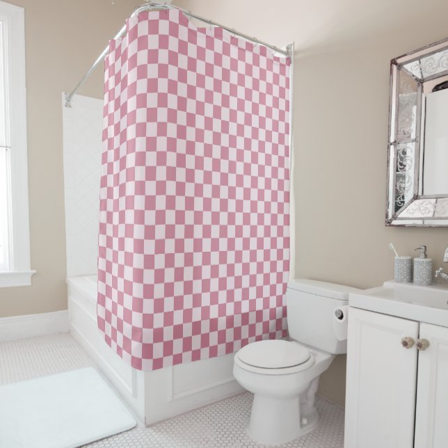 Dusty rose chequerboard pattern shower curtain (In Situ)