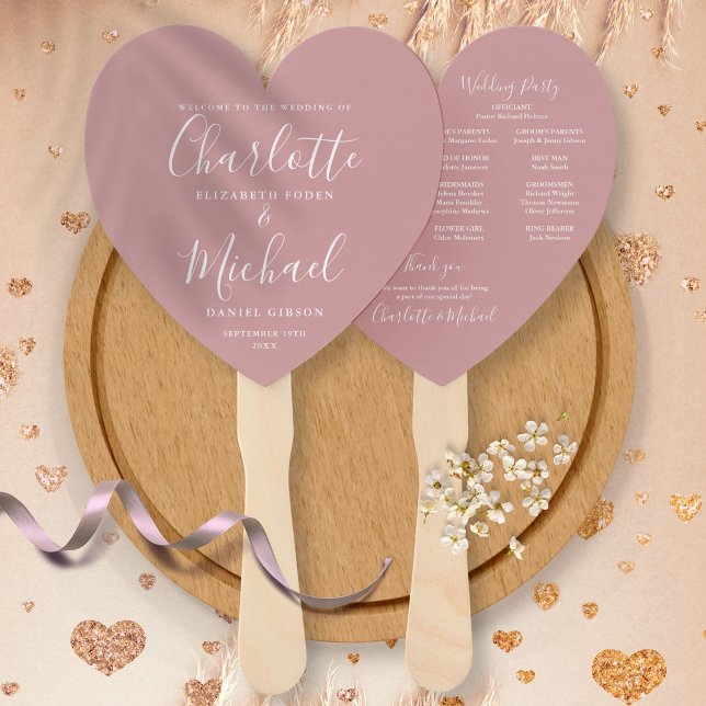 Dusty Rose Chic Wedding Program  Heart Hand Fan (Creator Uploaded)