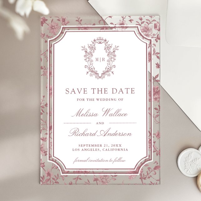 Dusty Rose Chinoiserie Crest Wedding Save the Date Acrylic Invitations (Creator Uploaded)