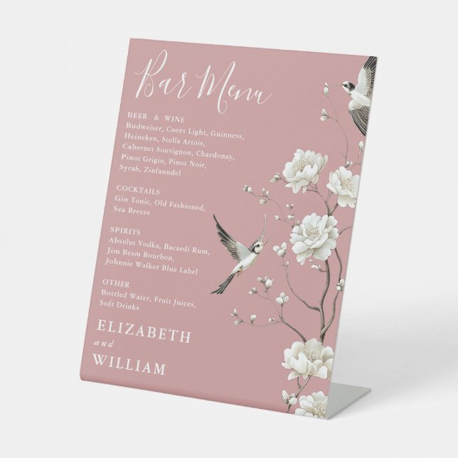 Dusty Rose Chinoiserie Floral Bar Menu Wedding Pedestal Sign (Front)