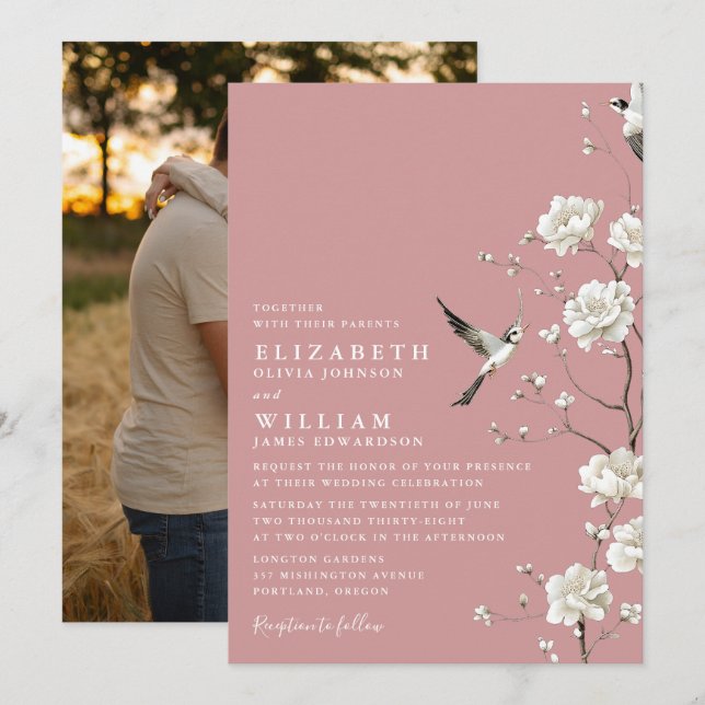Dusty Rose Chinoiserie Floral Garden Wedding Photo Invitation (Front/Back)