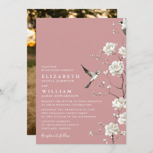 Dusty Rose Chinoiserie Floral Garden Wedding Photo Invitation
