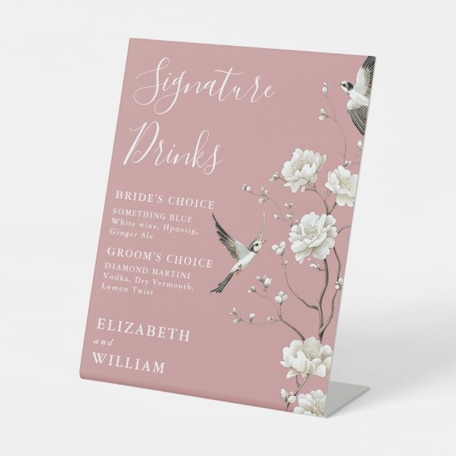 Dusty Rose Chinoiserie Signature Drinks Wedding Pedestal Sign (Front)