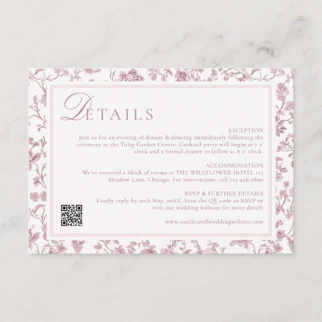 Dusty Rose Chinoiserie Wedding Details Enclosure Card (Front)