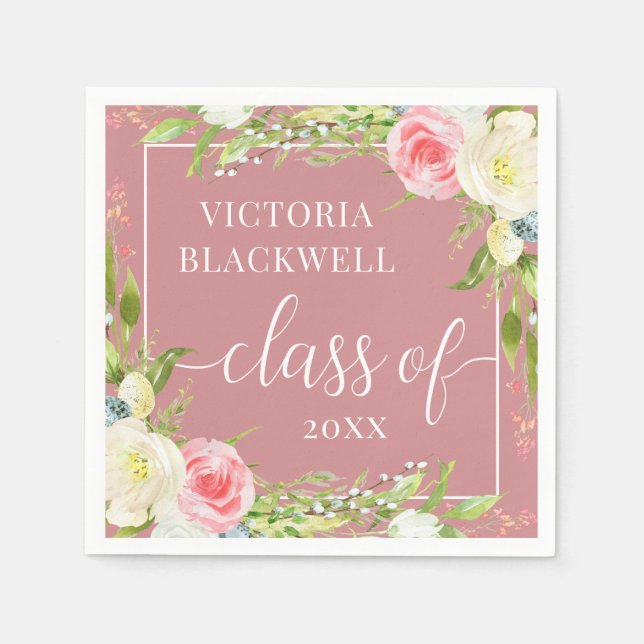 Dusty Rose Class of 2022 Floral Graduation Napkin (Front)